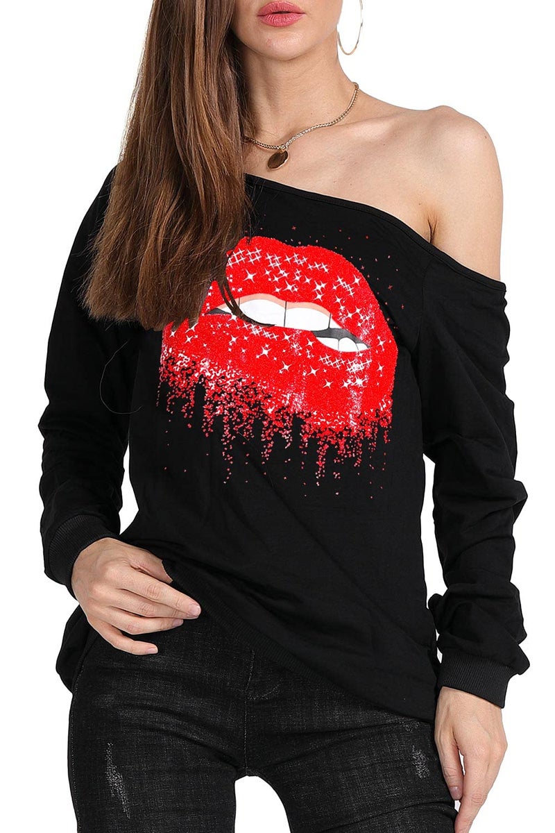 MAGICMK Womanâ€™s Sweatershirt Lips Print Causal Blouse Off The Shoulder Long Sleeve Loose Slouchy Pullover Plus Size Tops(M) Red - Image 1